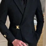 Modern Black Suit with Gold Buckle Detail