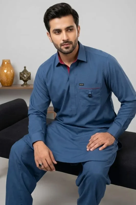 Steel Blue Shalwar Kameez for Men – Modern Smart Casual Wear