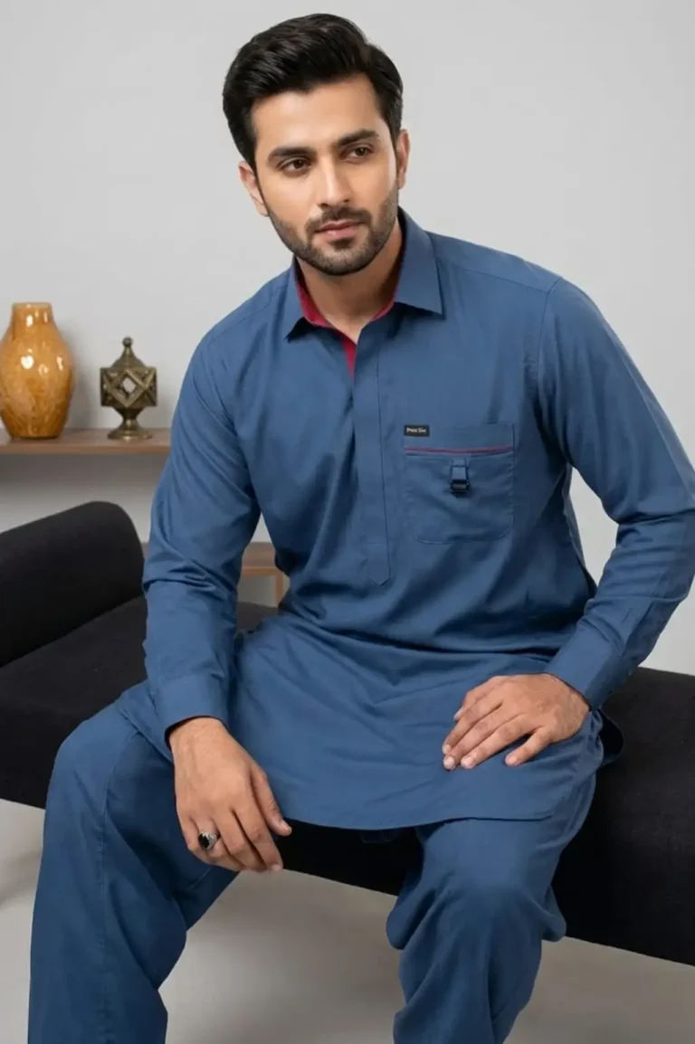 Steel Blue Shalwar Kameez for Men – Modern Smart Casual Wear