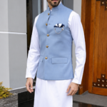 Sky Blue Waistcoat with White Shalwar Kameez Premium Formal Set